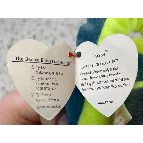 TY Hissy Blue Green Snake Beanie Baby w/ Several Rare Errors, 1997 - Picture 6 of 6